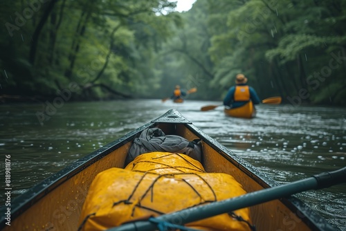 Canoeing Adventure Adventurers paddling a canoe down a winding river surrounded by lush greenery, showcasing the joy of nature exploration