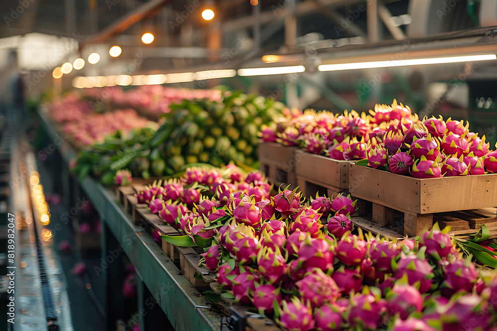 The harvested Dragon Fruit crop is packed in wooden boxes on the sorting line, ready for distribution at a bustling farm during peak harvest season The harvested Dragon Fruit crop is packed in wooden boxes on the sorting line, ready for distribution at a bustling farm during peak harvest season