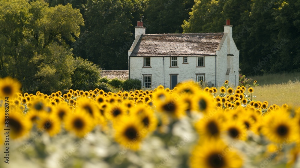 A quaint countryside cottage surrounded by fields of sunflowers, its whitewashed walls glowing in the warm summer sunlight. 32k, full ultra hd, high resolution