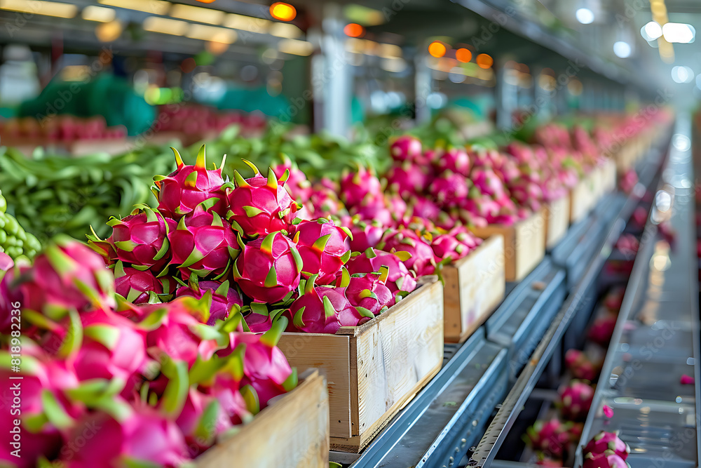 The harvested Dragon Fruit crop is packed in wooden boxes on the sorting line, ready for distribution at a bustling farm during peak harvest season	
