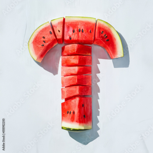 Alphabet Letter T Shaped Watermelon Slice, White Background.