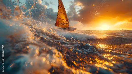 Determined Windsurfer Harnessing the Power of the Wind and Waves for an Exhilarating Ride across the Open Sea photo