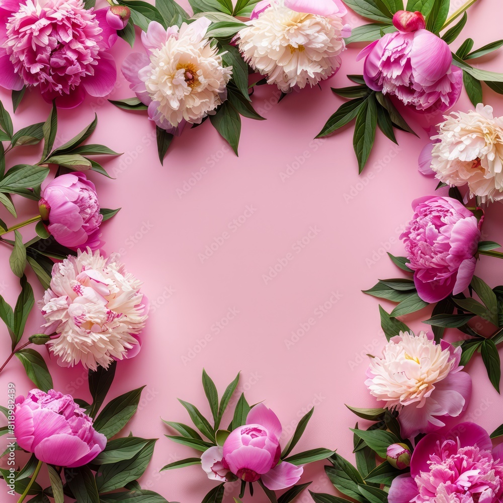 Lush peonies arranged in a frame on a pink background provide a delightful summer floral flat lay, with generous copy space for your content. Lush peonies arranged in a frame on a pink background provide a delightful summer floral flat lay, with generous copy space for your content.