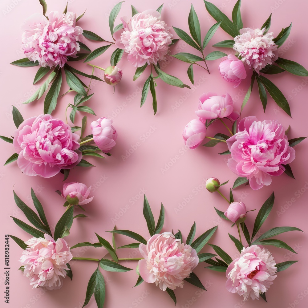 Lush peonies arranged in a frame on a pink background provide a delightful summer floral flat lay, with generous copy space for your content. Lush peonies arranged in a frame on a pink background provide a delightful summer floral flat lay, with generous copy space for your content.