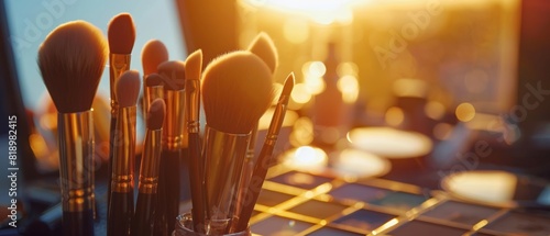 A close-up of makeup brushes and palettes on a table with warm sunlight shining through. Perfect for beauty and fashion content. photo