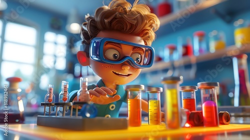 3D cartoon of a student in the science lab, wearing goggles and mixing colorful chemicals in test tubes on a brightly lit bench