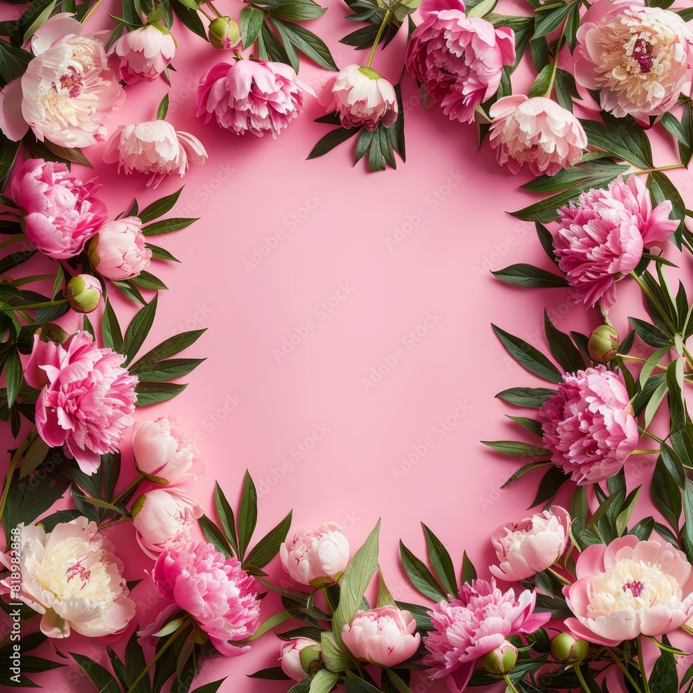 Lush peonies arranged in a frame on a pink background provide a delightful summer floral flat lay, with generous copy space for your content. Lush peonies arranged in a frame on a pink background provide a delightful summer floral flat lay, with generous copy space for your content.