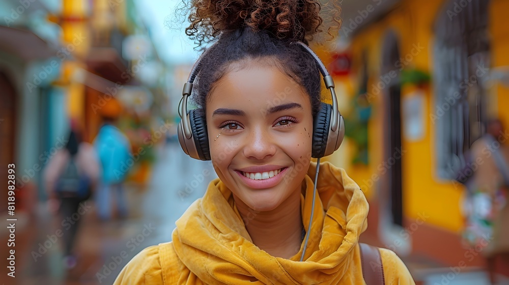 Joyful Teenager Enjoying Music Through Headphones at Vibrant Outdoor Market Joyful Teenager Enjoying Music Through Headphones at Vibrant Outdoor Market