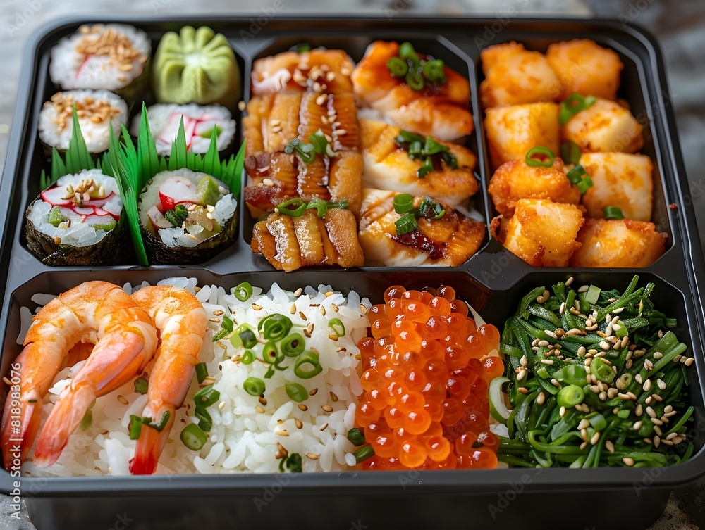 Meticulously Arranged Anime Inspired Bento Box Featuring Sushi Tempura and Flavorful Rice Dish Meticulously Arranged Anime Inspired Bento Box Featuring Sushi Tempura and Flavorful Rice Dish
