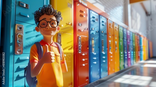 3D model of a student giving a thumbs up after acing a quiz, standing next to a row of colorful lockers in the school hallway photo