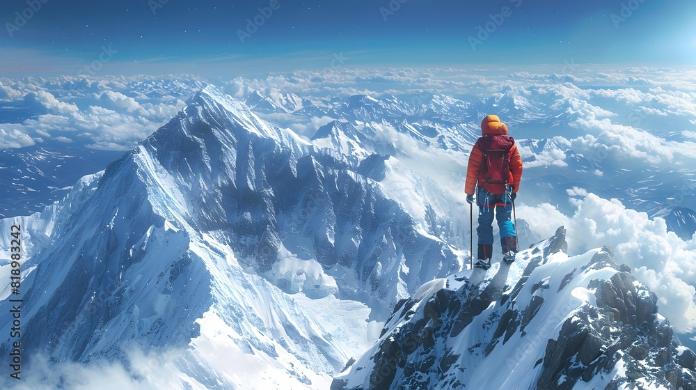 Mountaineer Conquering Majestic Alpine Peaks Panoramic Summer Landscape