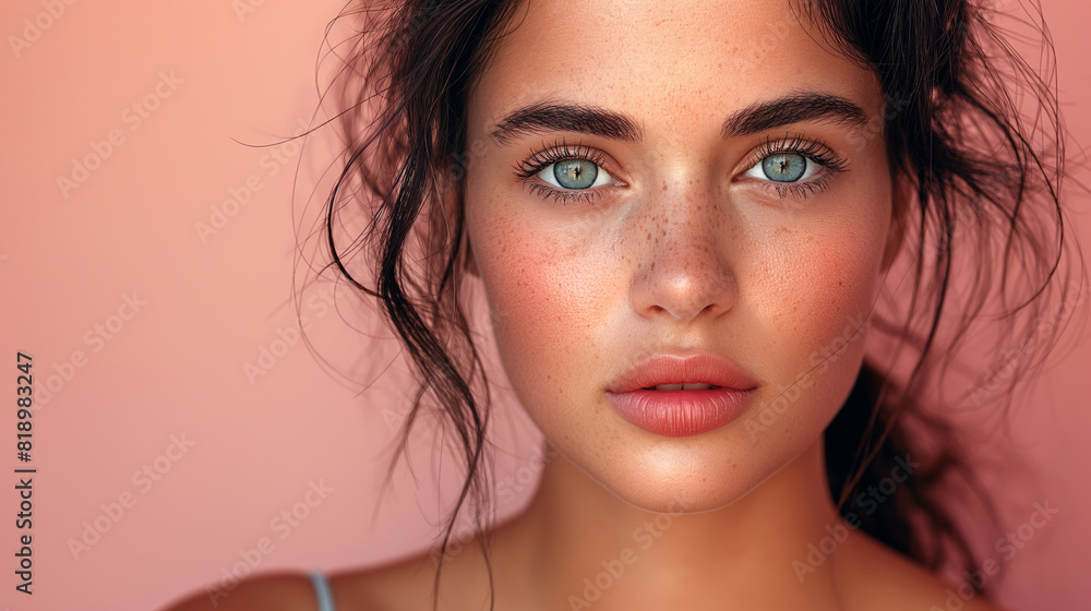 Portrait of beautiful woman. Woman with black hair takes care about skin. Beauty concept. Skin concept. Woman concept. Care concept. Portrait of beautiful woman. Woman with black hair takes care about skin. Beauty concept. Skin concept. Woman concept. Care concept.