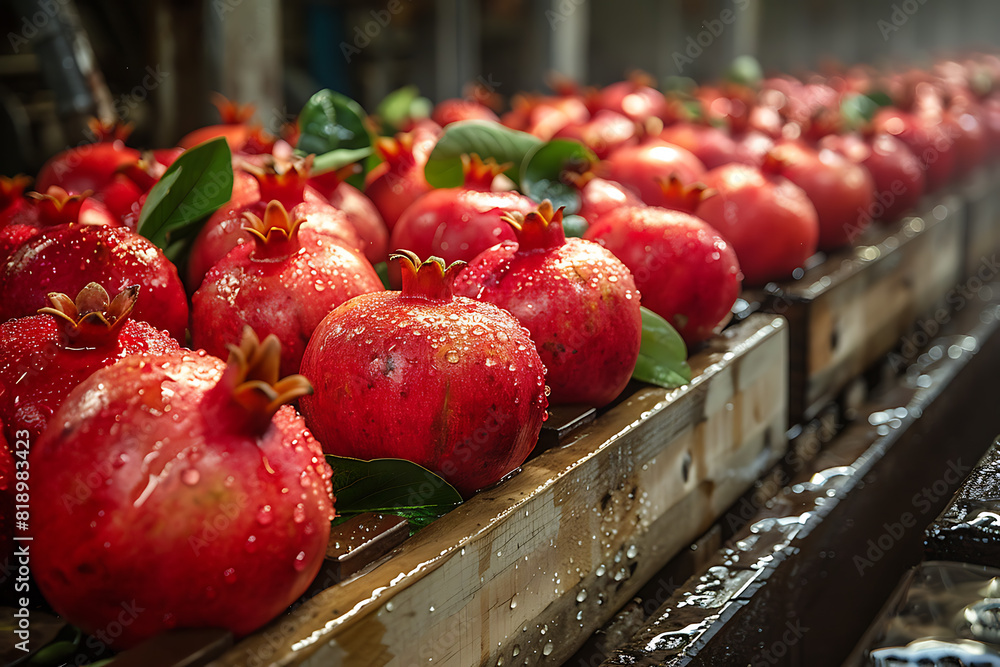 The harvested pomegranate fruit crop is packed in wooden boxes on the sorting line, ready for distribution during the peak harvest season at a busy orchard The harvested pomegranate fruit crop is packed in wooden boxes on the sorting line, ready for distribution during the peak harvest season at a busy orchard