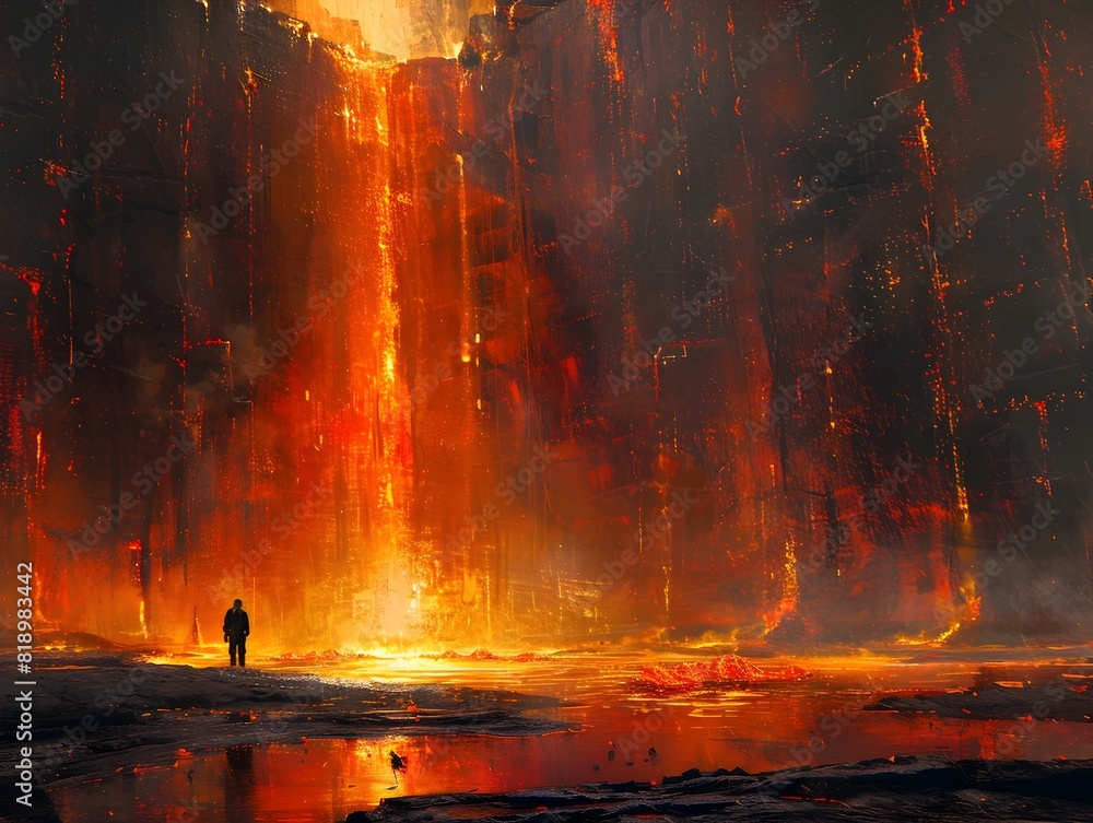 Scientist Exploring an Intense Lava filled Underworld Cave with Vivid Fiery Contrasts Scientist Exploring an Intense Lava filled Underworld Cave with Vivid Fiery Contrasts