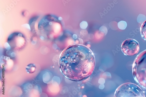 Ethereal Floating Glass, Soap Bubbles with Reflective Surfaces on a Pink and Blue Gradient Background