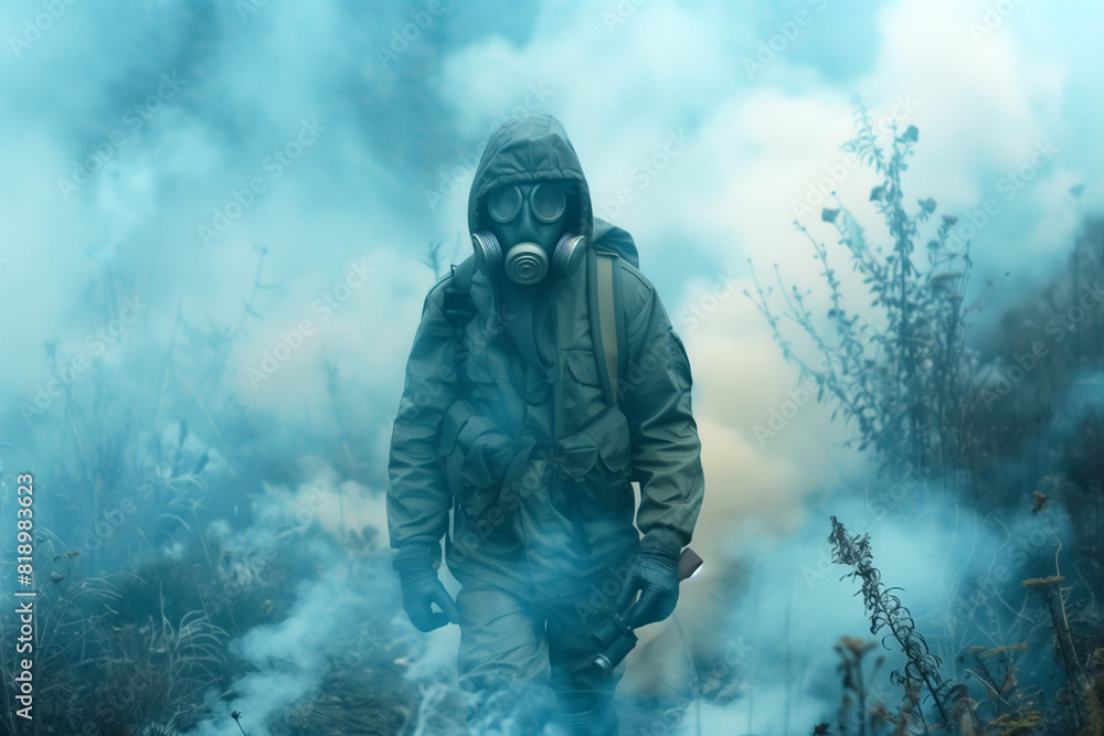 man in gas mask in chemical protective suit shrouded man in gas mask in chemical protective suit shrouded