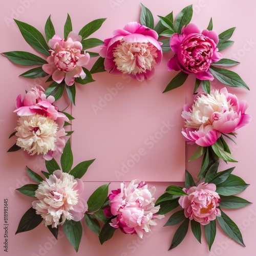 Summer floral frame made of peony flowers on a pink background, perfect for flat lay photography with ample copy space for creative projects.