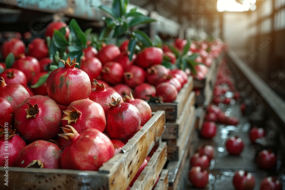 The harvested pomegranate fruit crop is packed in wooden boxes on the sorting line, ready for distribution during the peak harvest season at a busy orchard The harvested pomegranate fruit crop is packed in wooden boxes on the sorting line, ready for distribution during the peak harvest season at a busy orchard