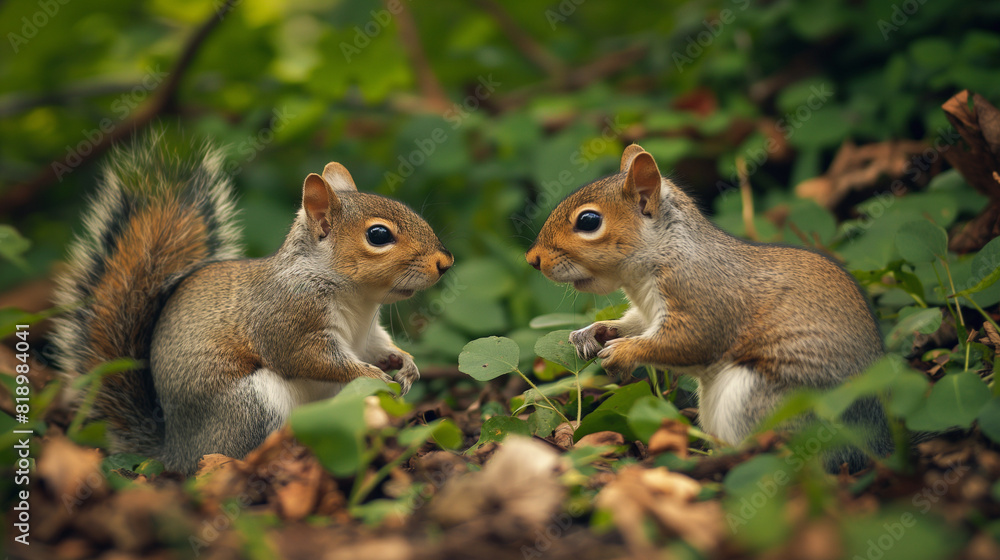 Fototapeta premium A pair of squirrels face each other among green foliage.