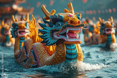Dragon Boat Festival Race Dragon boats adorned with colorful dragon heads and tails racing during a festive Dragon Boat Festival photo