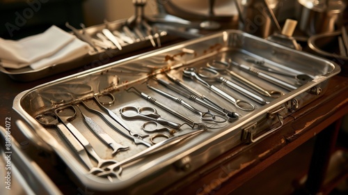 A tray of surgical instruments is on a table photo