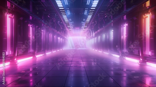 A long, narrow, brightly lit tunnel with neon lights