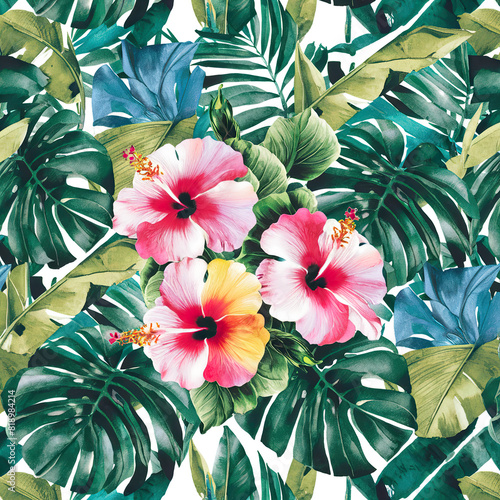 Colorful tropical pattern with bright hibiscus flowers and exotic palm leaves. Exotic floral jungle backdrop. Botanical wallpaper.	

