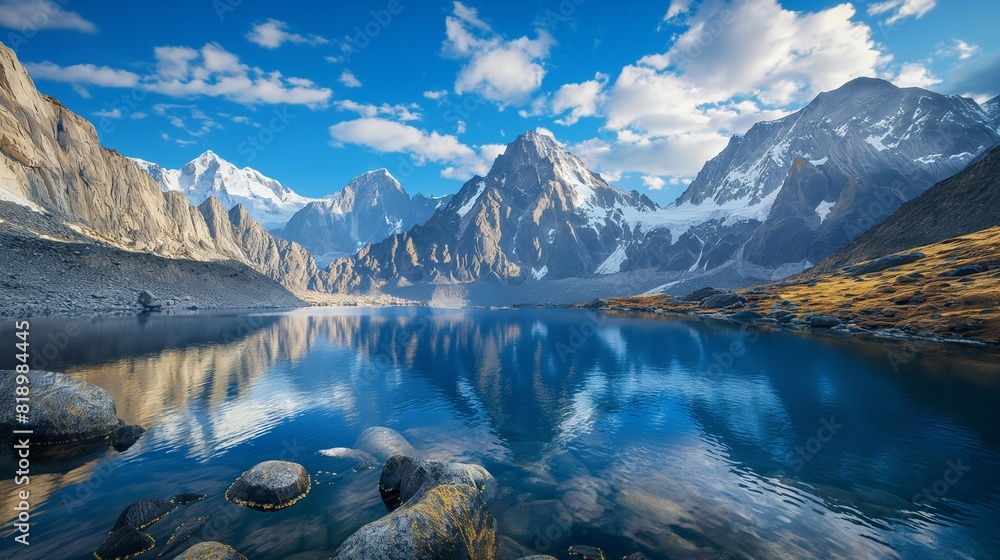 A remote alpine lake nestled among towering peaks, its surface like a mirror reflecting the snow-capped mountains and endless blue sky above. 32k, full ultra hd, high resolution