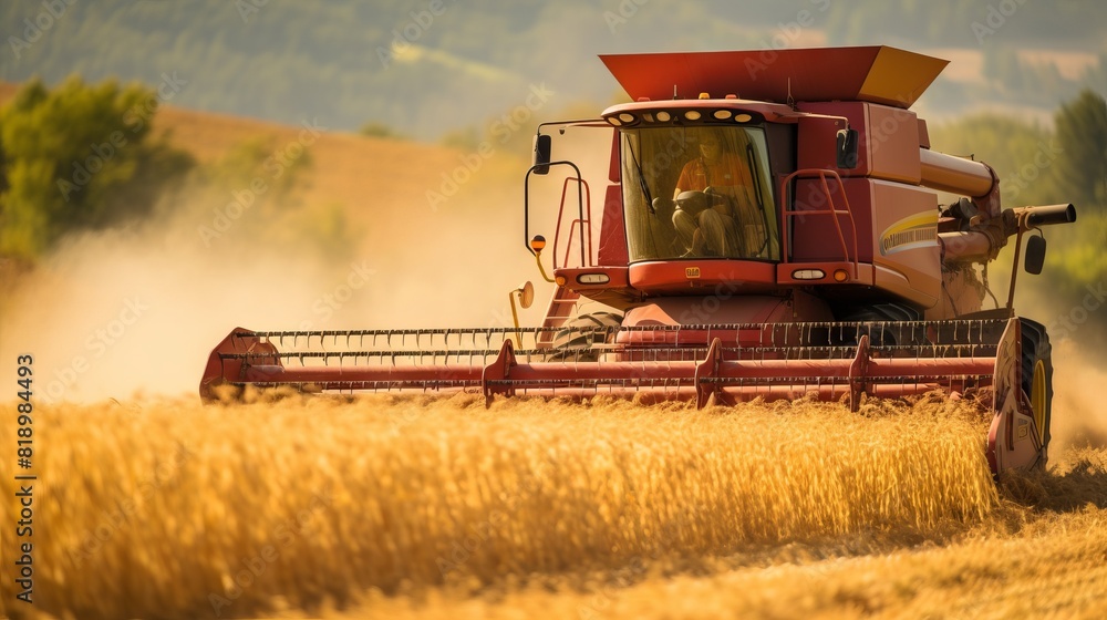 Obraz premium Agricultural combine for harvesting crops in the field. Concept: food supplies and world hunger problems, grain for export and import.