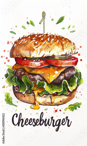 A watercolor painting of a cheeseburger with a toothpick on top. The burger is topped with lettuce  tomatoes  and cheese