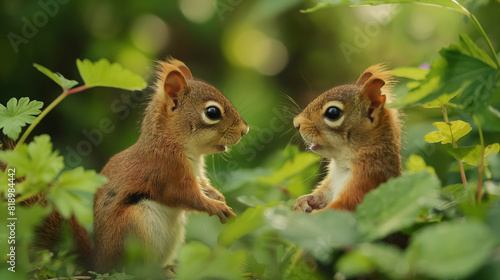 A pair of squirrels face each other among green foliage.