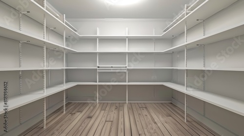 Empty walk-in pantry with white shelving units and a wooden floor.