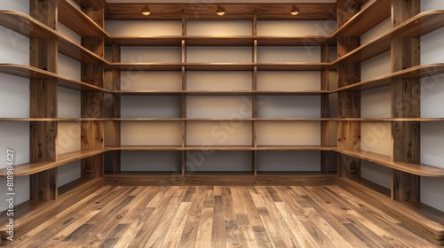 Empty, well-lit wooden bookshelf or storage unit with multiple shelves, set against a plain wall, on a wooden floor