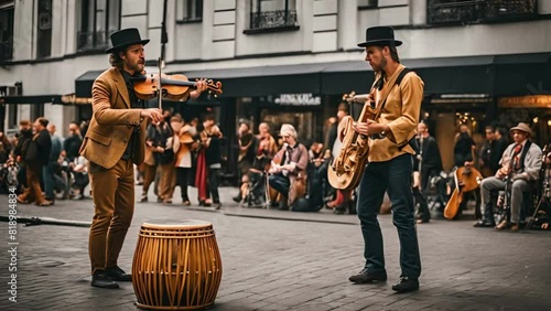  Street performers and buskers are individuals who showcase their talents and entertain passersby in public spaces photo