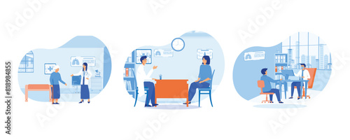 Elderly woman a Medical Consultation with a Geriatrician Doctor. Medicine concept with doctor and patient. Doctor in consulting man patient. Set flat vector modern illustration