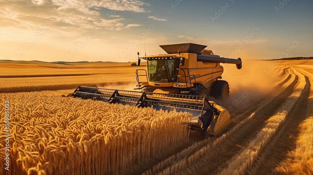 Fototapeta premium Agricultural combine for harvesting crops in the field. Concept: food supplies and world hunger problems, grain for export and import.