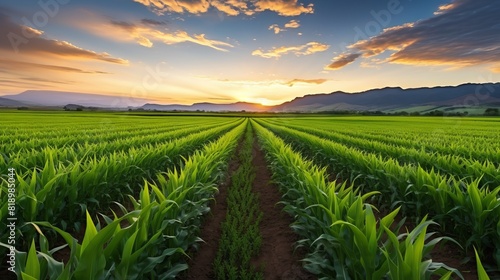 Green plants on a field at sunset  against the backdrop of a beautiful sky with clouds and bright sun