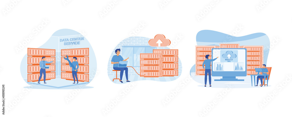 Service engineers administrators set up data centers. Data server web concept. Business technology cloud computing service concept and datacenter. Set flat vector modern illustration Service engineers administrators set up data centers. Data server web concept. Business technology cloud computing service concept and datacenter. Set flat vector modern illustration