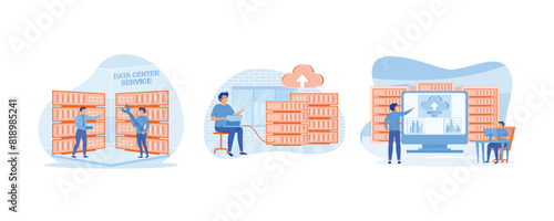 Service engineers administrators set up data centers. Data server web concept. Business technology cloud computing service concept and datacenter. Set flat vector modern illustration