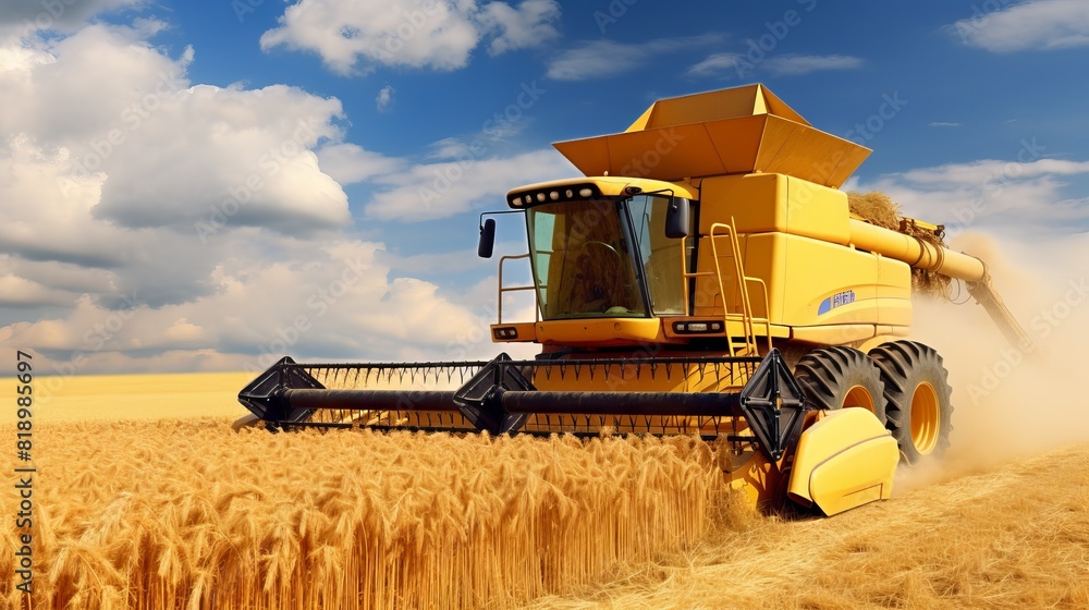 Obraz premium Agricultural combine for harvesting crops in the field. Concept: food supplies and world hunger problems, grain for export and import.