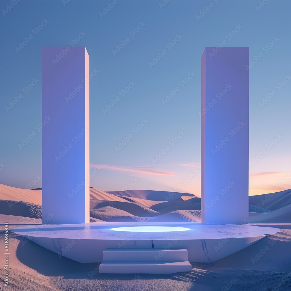 Empty Podium Awaits in the Shadow of Towering Monoliths: A Desert Landscape Perspective