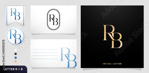 a set of business cards with the letter RB Luxury Initial Letters R and B Logos Designs in Blue Colors for branding ads campaigns, letterpress, embroidery, covering invitations, envelope sign symbols