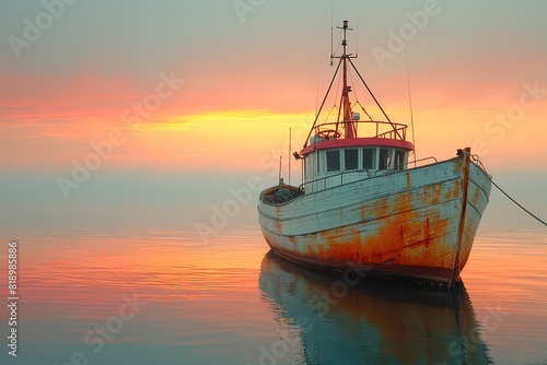 Fishing Boat at Sunrise A rustic fishing boat anchored in calm waters during a serene sunrise, capturing the tranquility of early mornings