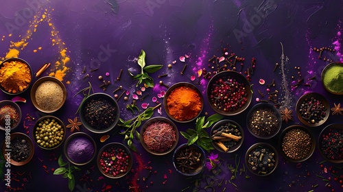 assortment of spices arranged in a dynamic composition against a backdrop of royal purple, each element inviting the viewer on a sensory journey.