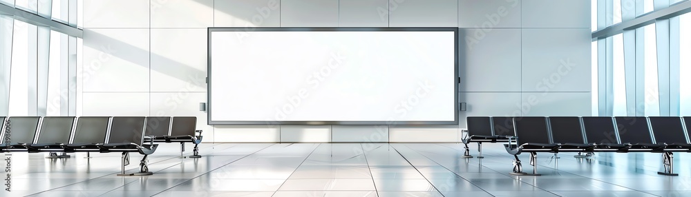 Spacious airport terminal with empty seating and large blank billboard. Bright, modern, clean interior design. Spacious airport terminal with empty seating and large blank billboard. Bright, modern, clean interior design.