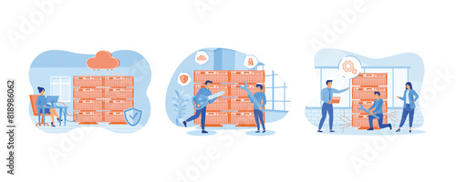 People working on computer and doing technical work. Server Security Concept. Team doing maintenance and repairs on a server device. Set flat vector modern illustration