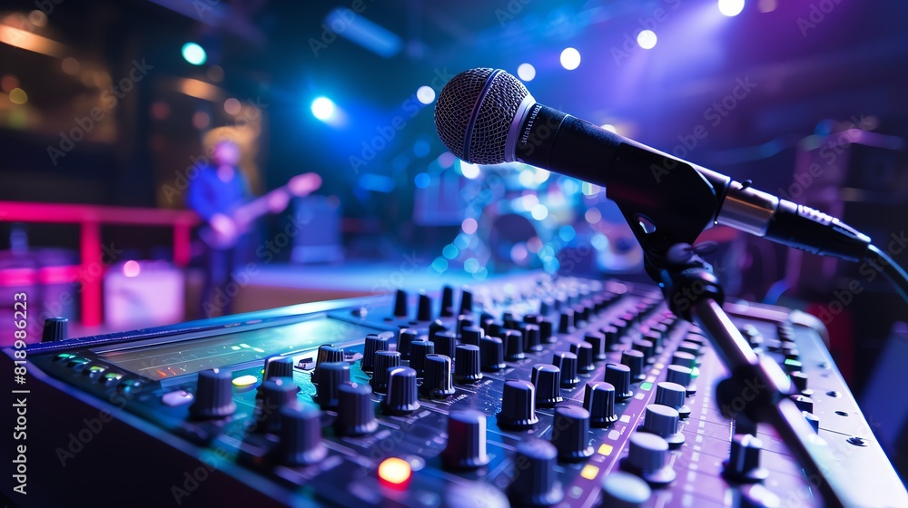 Close-up of a sound mixing console with a microphone and blurred musician in the background, captured in vibrant stage lighting. Close-up of a sound mixing console with a microphone and blurred musician in the background, captured in vibrant stage lighting.