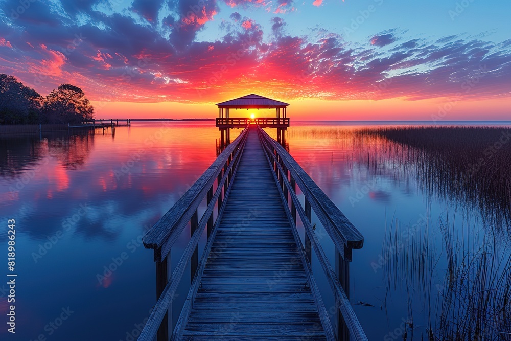 Fishing Pier at Sunset A serene fishing pier extending into calm waters during a colorful sunset, creating a tranquil scene