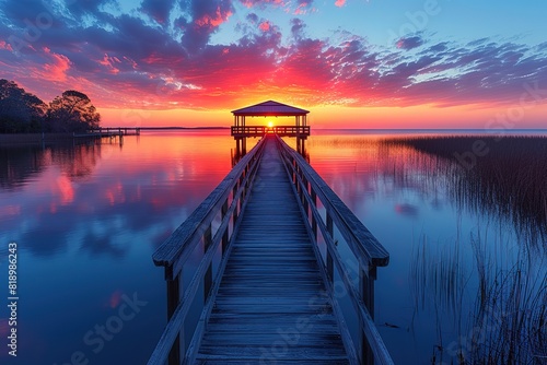 Fishing Pier at Sunset A serene fishing pier extending into calm waters during a colorful sunset, creating a tranquil scene