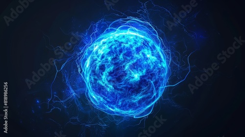3D rendering of a blue electric sphere plasma ball  in a futuristic technology theme  showcasing advancement  with a digital tone  and an analogous color scheme